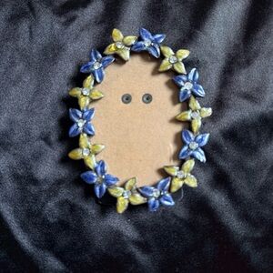 Vintage jeweled picture frame made of metal enamel flowers &  clear rhinestones